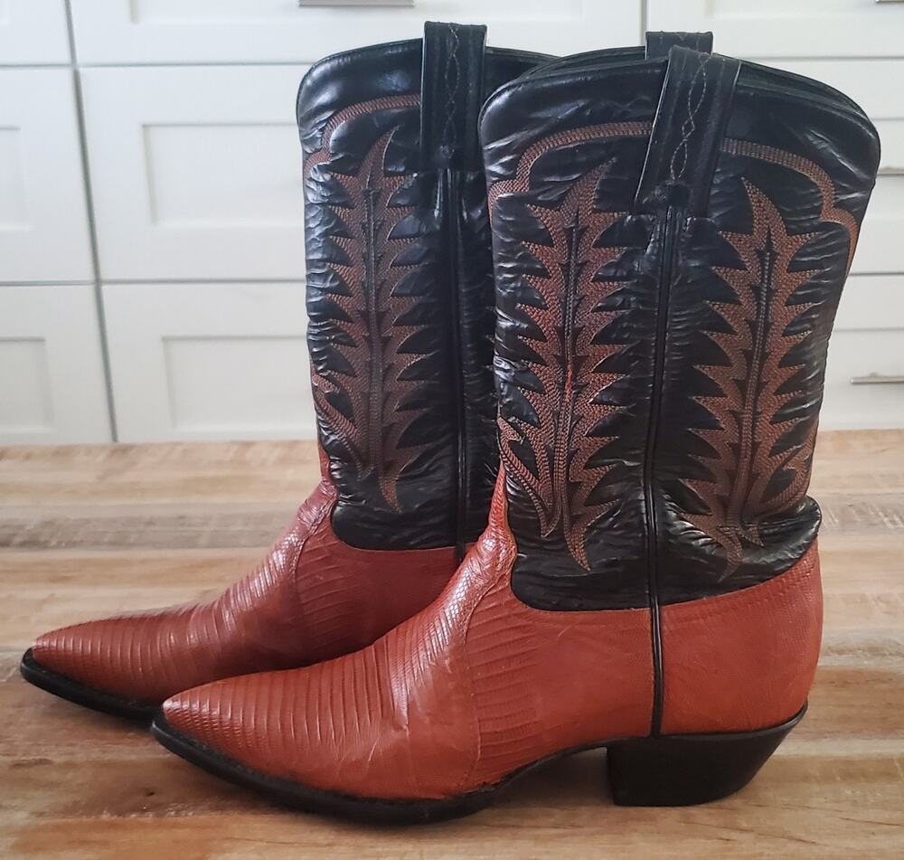 Vintage Tony Lama Teju Lizard Cowboy Boots | Exotic Brick Red & Black | Women's